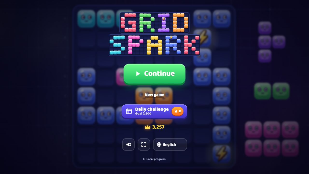 Gridspark main menu: Continue, New game, Daily challenge, sound and language controls