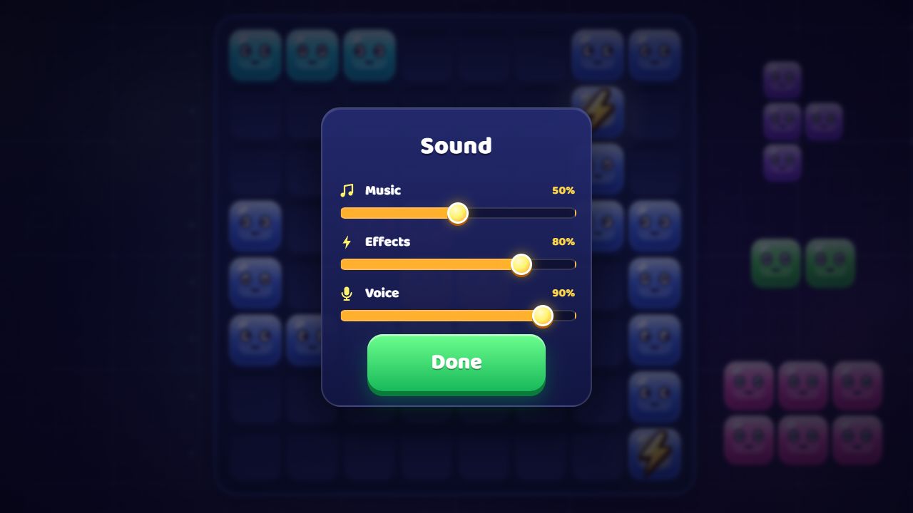 Gridspark sound settings panel with separate Music, Effects and Voice sliders and a Done button