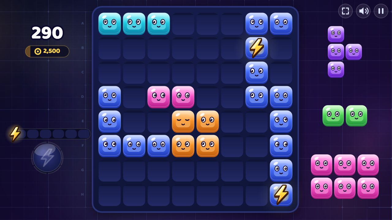 Gridspark gameplay: 8 by 8 board, available pieces on the right, score and ZAP on the left