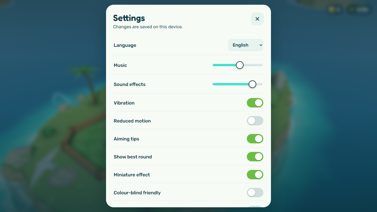 Settings: language, sound and game options