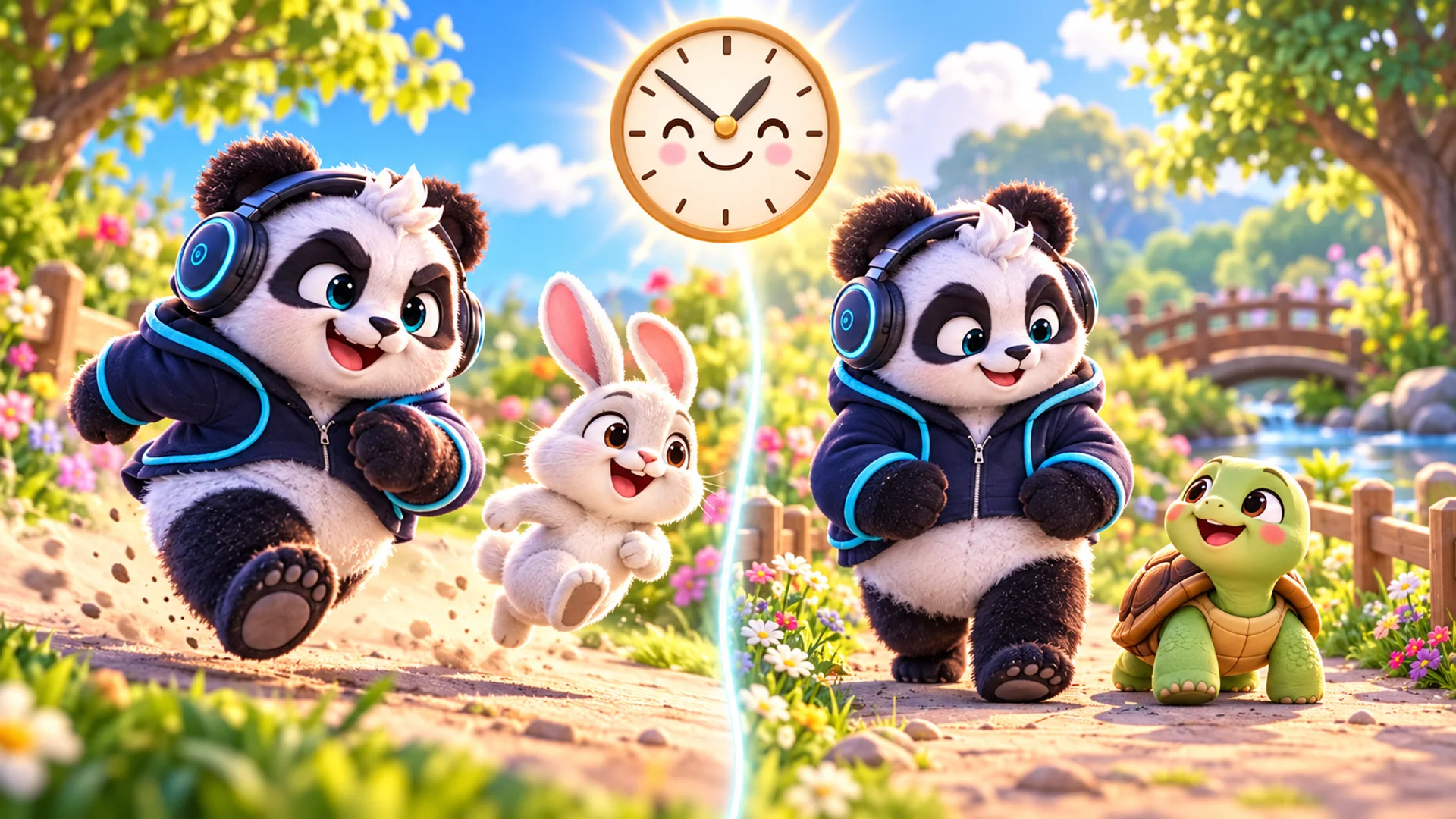 Two Polarzinhos on a path: one running fast with a bunny and one walking slowly with a turtle, under a smiling clock