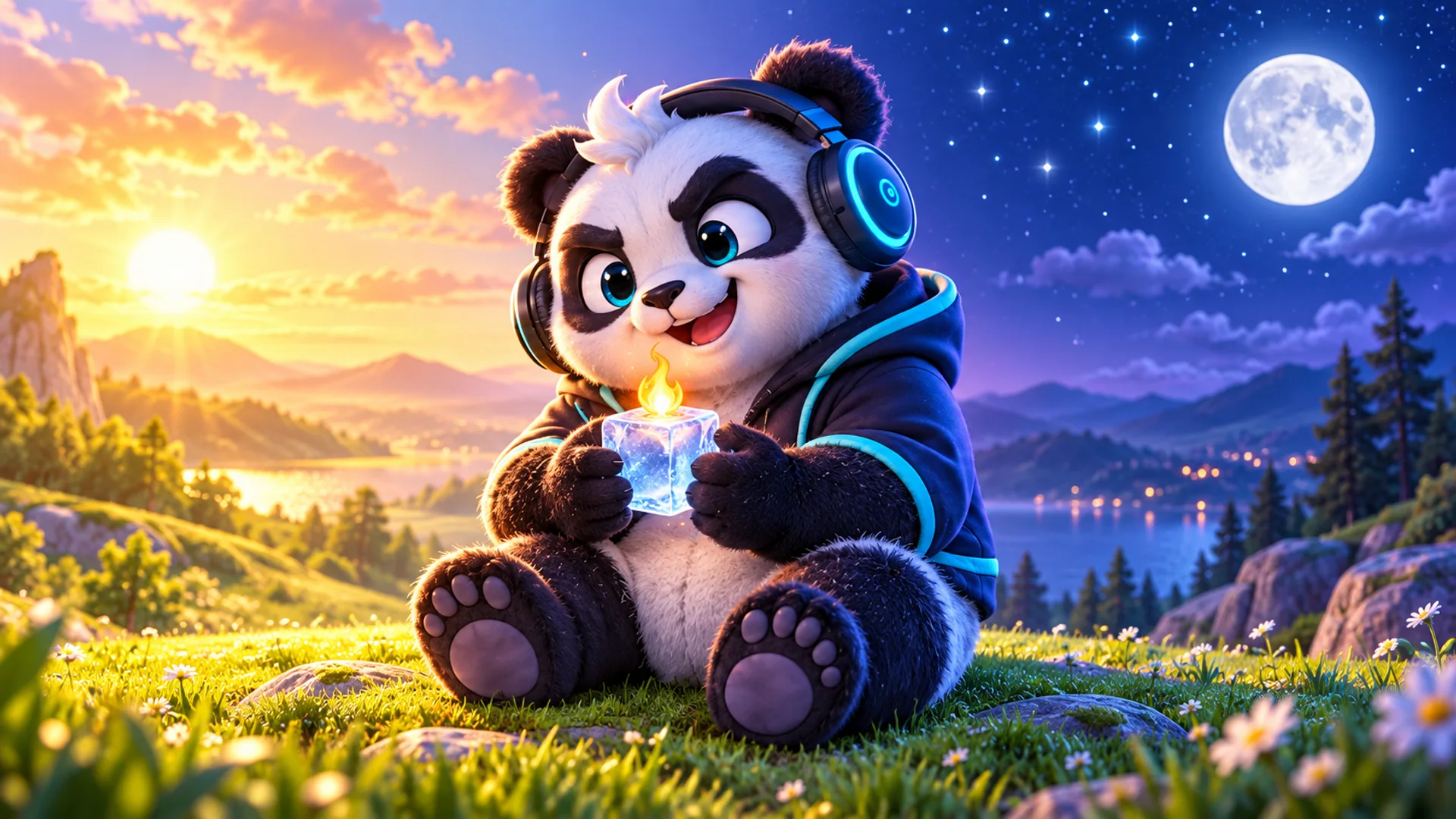 Polarzinho sitting on the grass, half the scene in daytime sun and half under the moon and stars, holding an ice cube with a tiny flame