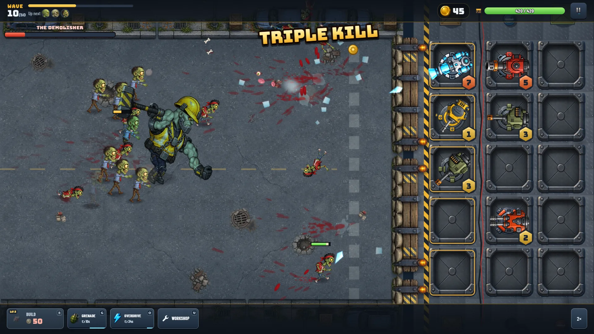 O chefe Demolidor na onda 10 de Barricade Z, um zumbi gigante de capacete amarelo e marreta, com a barra de vida no canto superior esquerdo e um aviso TRIPLE KILL