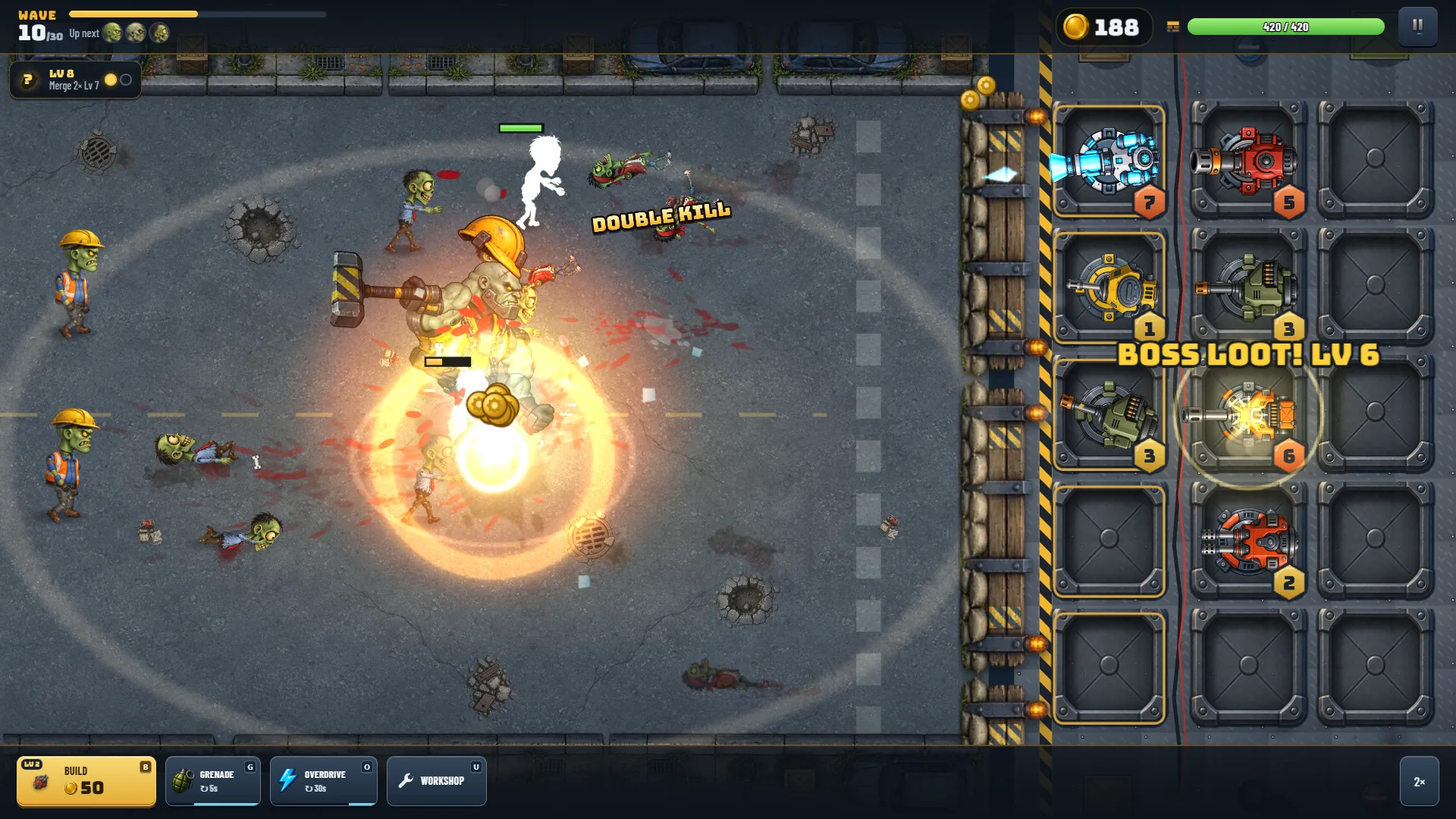 Barricade Z na onda 10, com um aviso DOUBLE KILL, uma chuva de moedas e o texto BOSS LOOT! LV 6 sobre uma torre Nv 6 nova na Oficina