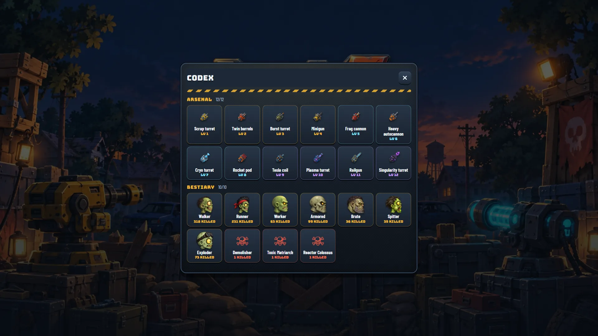 Codex de Barricade Z mostrando o Arsenal com 12 de 12 torres, da Scrap turret à Singularity turret, e o Bestiário com 10 de 10, sete tipos de zumbi e três chefes