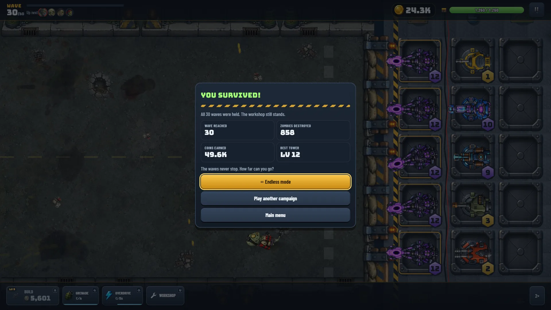 Painel de vitória de Barricade Z: você sobreviveu, as 30 ondas foram contidas, 858 zumbis destruídos, 49.6K moedas, melhor torre Nv 12, com os botões Endless mode, Play another campaign e Main menu