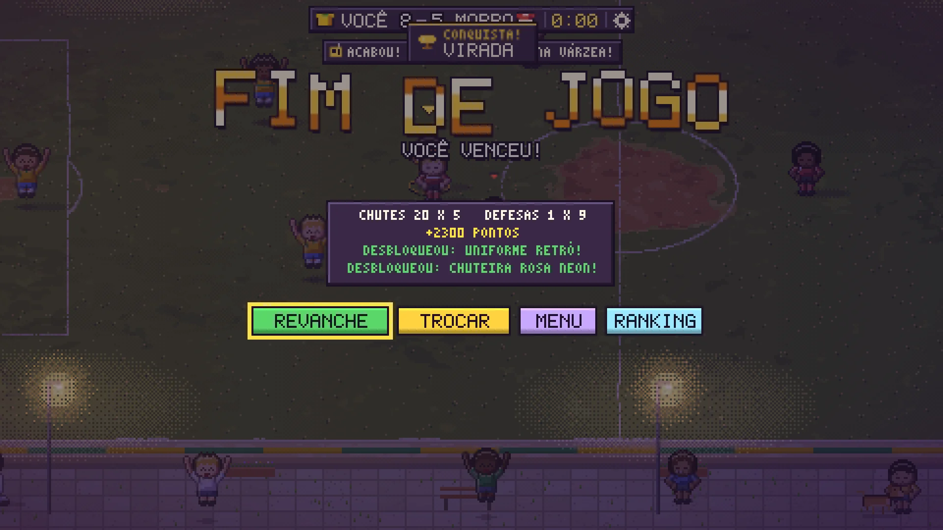Tela de fim de jogo do Barrio Kick: Você venceu por 8 a 5 contra o Morro, chutes 20 x 5, defesas 1 x 9, mais 2300 pontos e os desbloqueios Uniforme Retrô e Chuteira Rosa Neon.