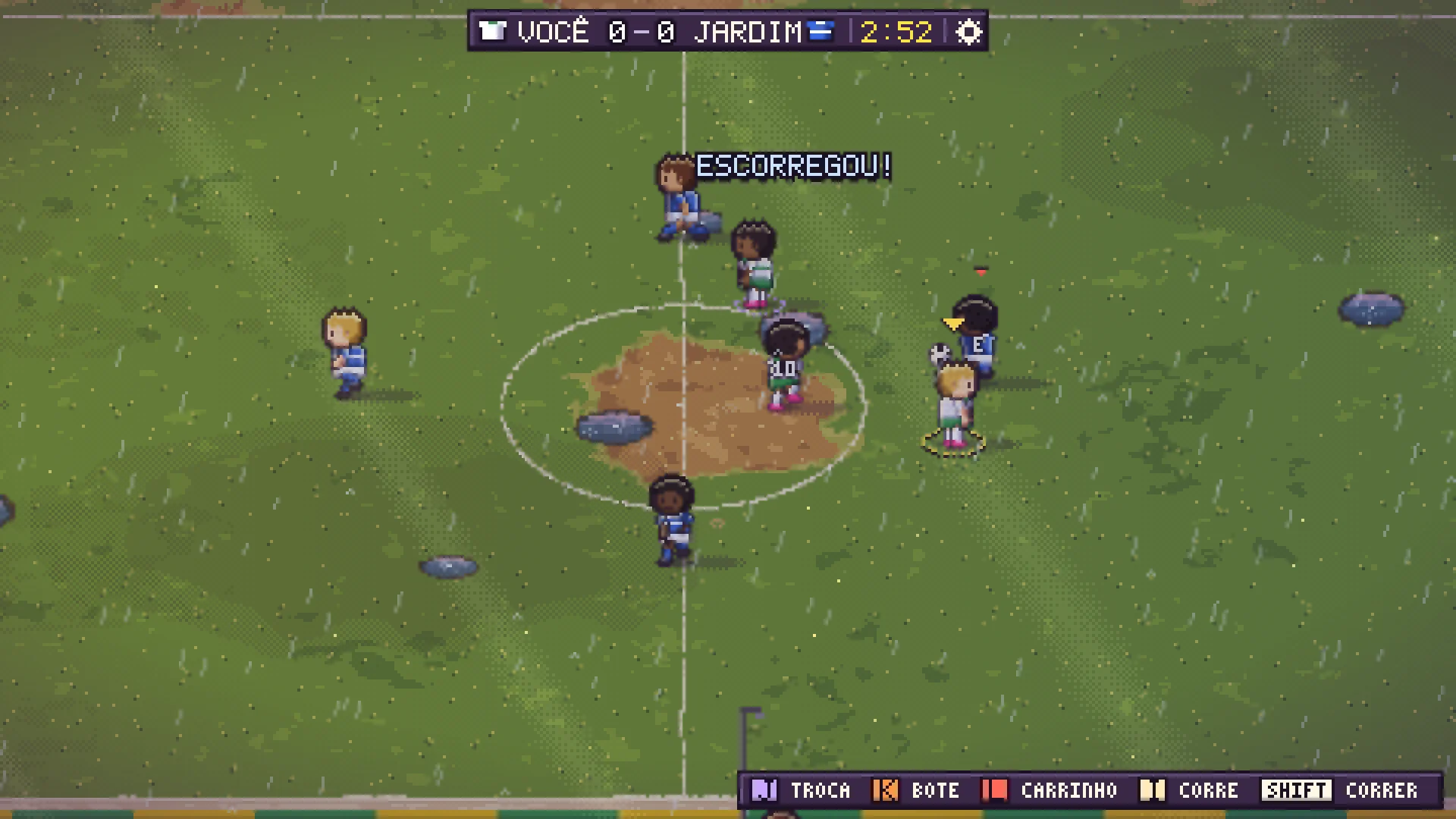 Partida do Barrio Kick na chuva contra o Jardim, com poças no campo e um jogador de azul caindo com o aviso Escorregou.
