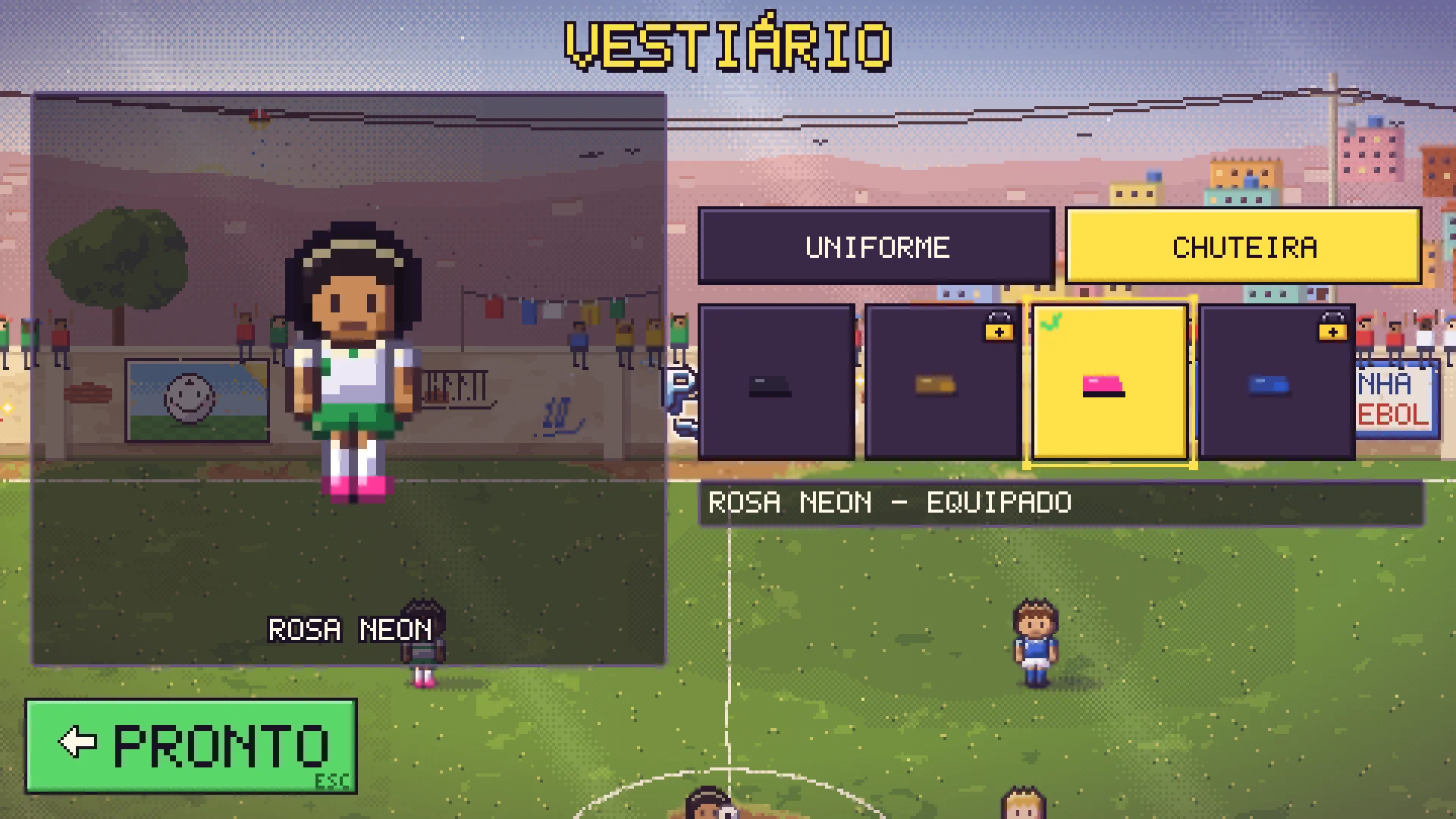 Vestiário do Barrio Kick com a aba Chuteira aberta, a chuteira Rosa Neon equipada e o jogador com uniforme Retrô branco e verde.