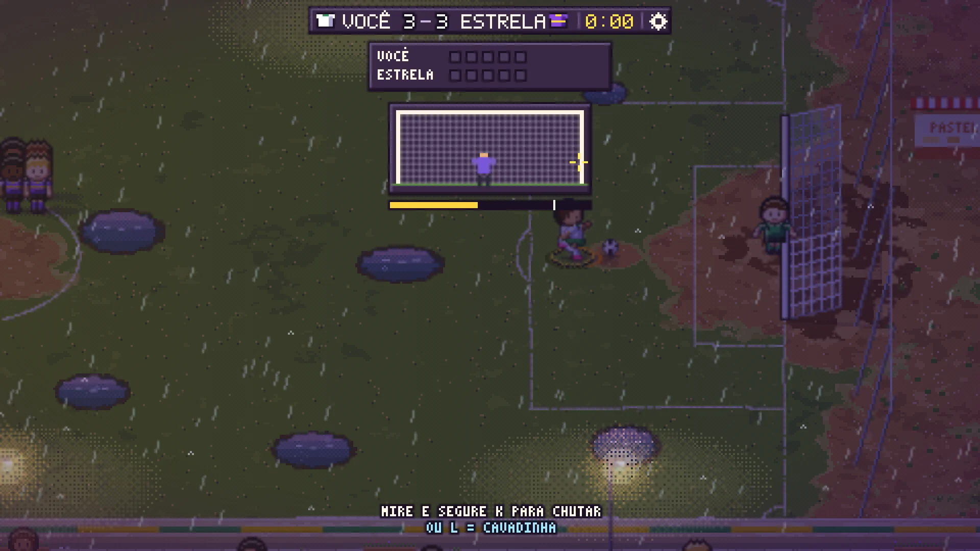 Cobrança de pênalti no Barrio Kick na final contra a Estrela, com a janela do gol, a mira amarela perto da trave direita e a barra de força pela metade.