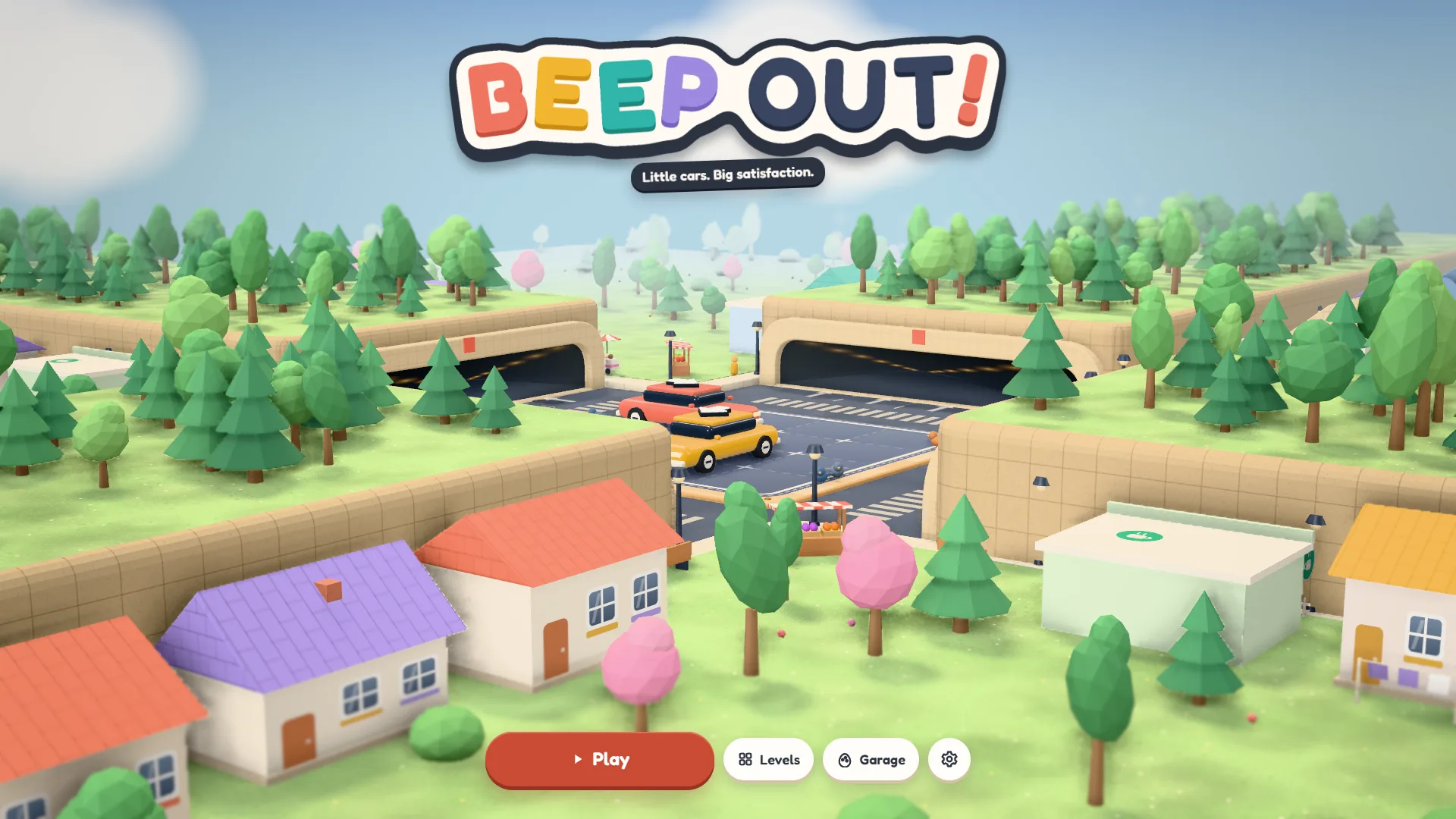 Tela de título do Beep Out! (jogo em inglês): uma cidade de brinquedo com árvores e casas, o logo e os botões Play, Levels, Garage e Settings