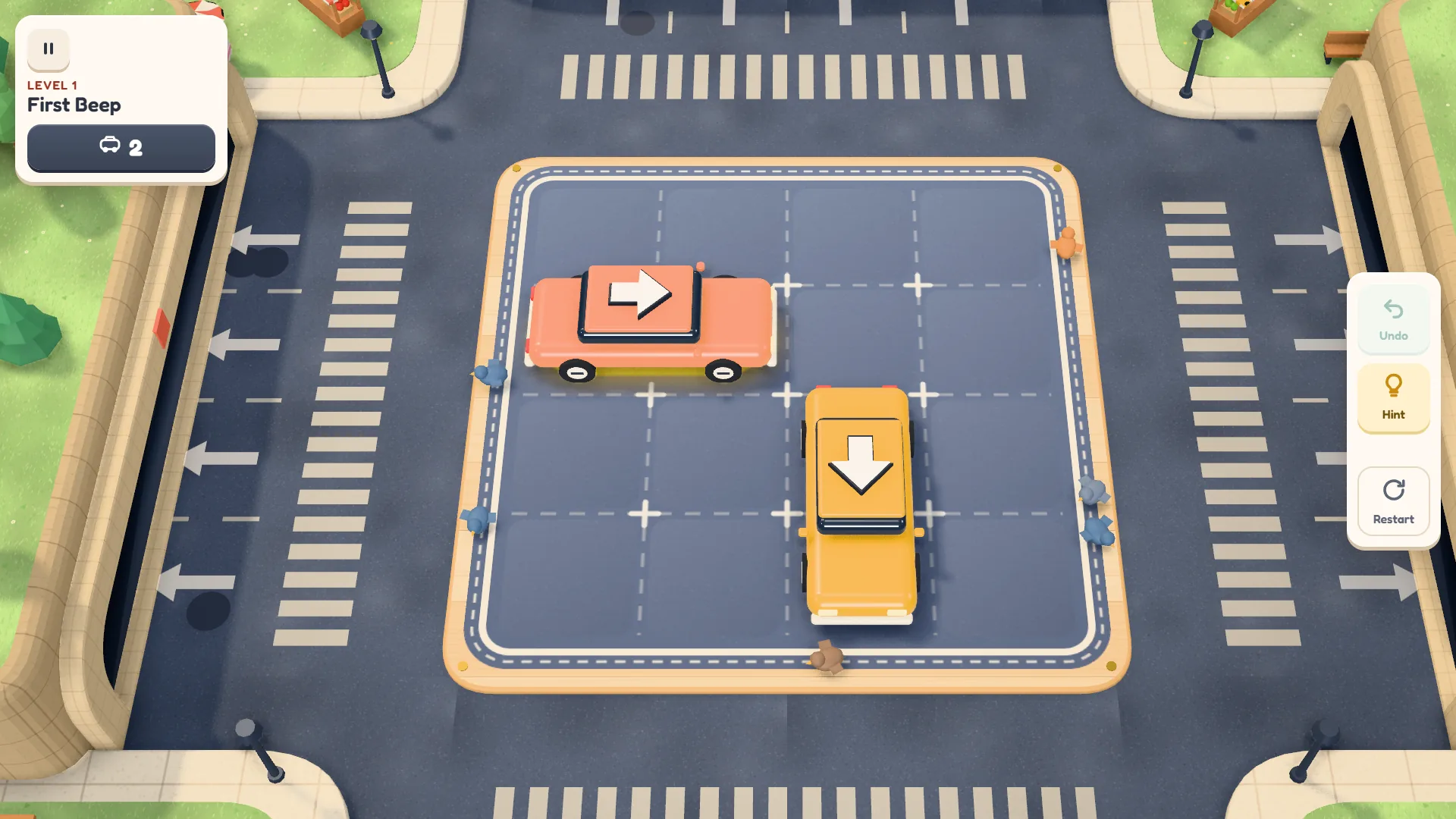 Fase 1 (First Beep no jogo em inglês): um carro laranja apontando para a direita e um amarelo apontando para baixo numa bandeja vazia, com o contador em 2