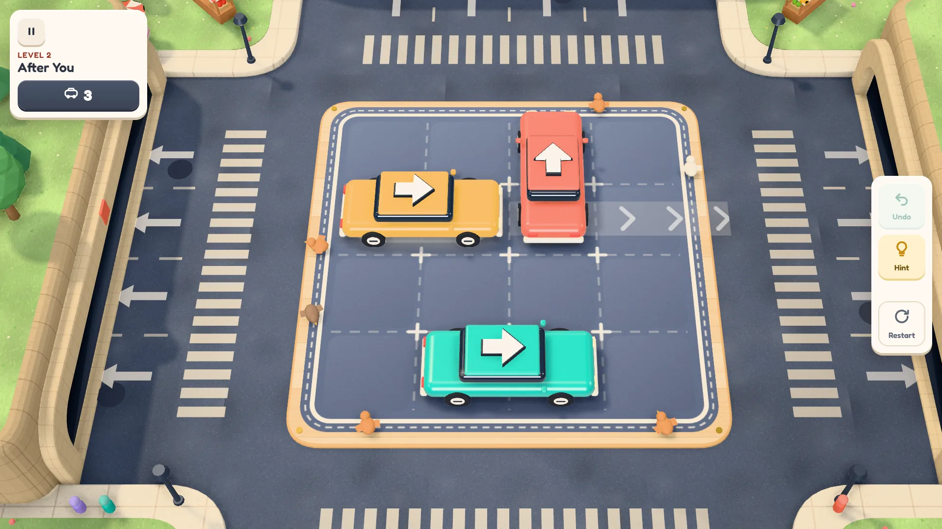 Fase 2 (After You no jogo em inglês): o carro amarelo com o mouse em cima e uma faixa de setinhas mostrando a pista dele, bloqueada por um carro vermelho apontando para cima