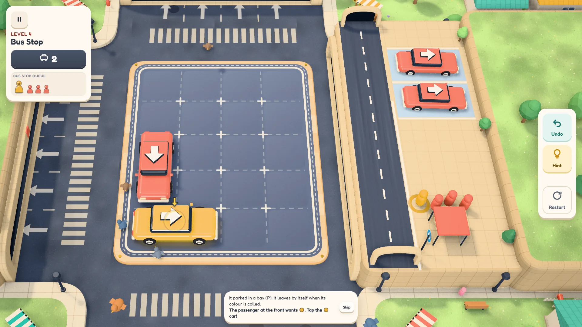 Fase 4 (Bus Stop no jogo em inglês): dois carros vermelhos estacionados nas vagas P à direita, um carro amarelo ainda no tabuleiro e um balão de dica embaixo