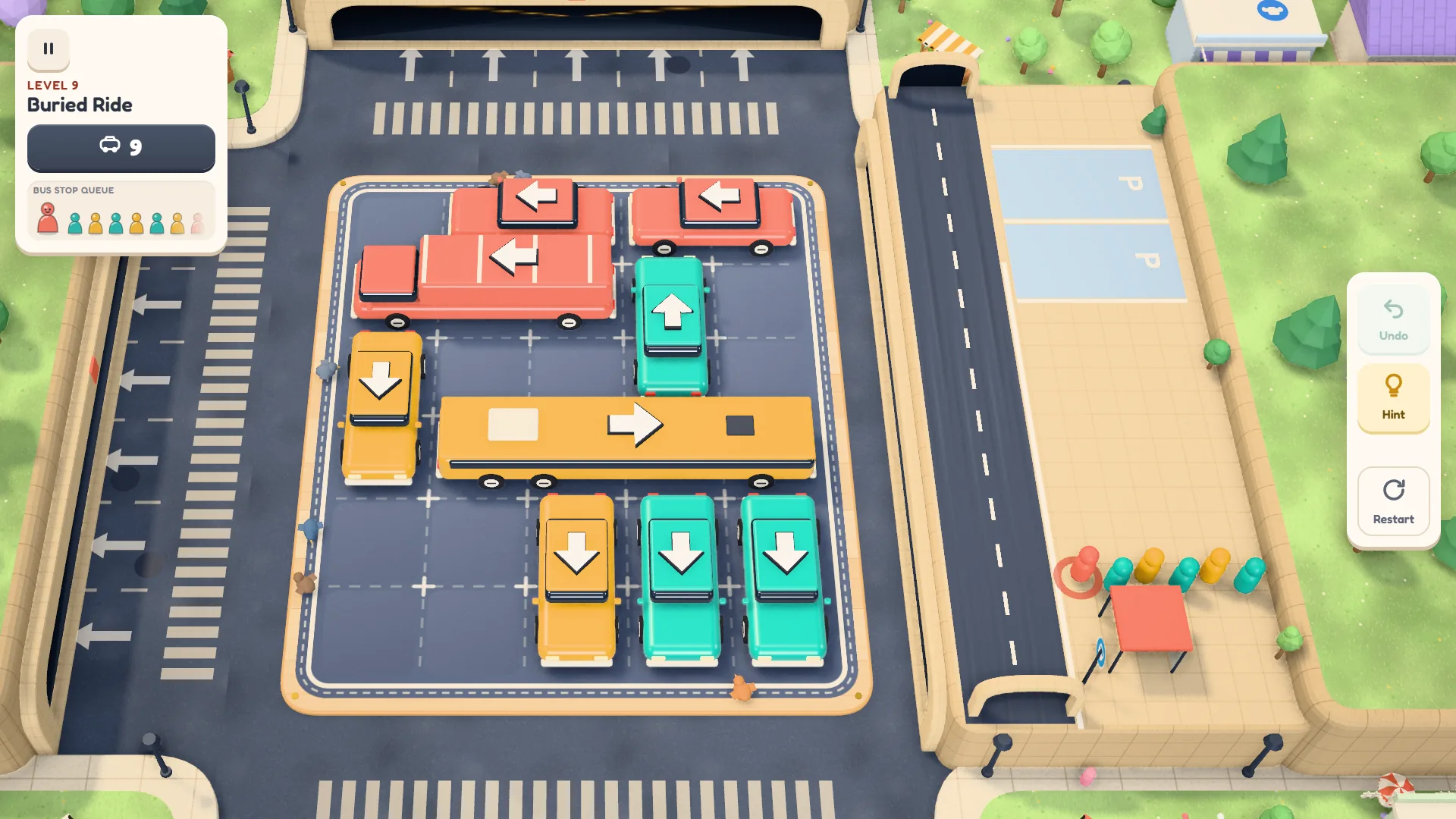 Fase 9 (Buried Ride no jogo em inglês): um ônibus amarelo comprido apontando para a direita no meio da bandeja, cercado por carros vermelhos, amarelos e verde-água, com a fila de passageiros no canto