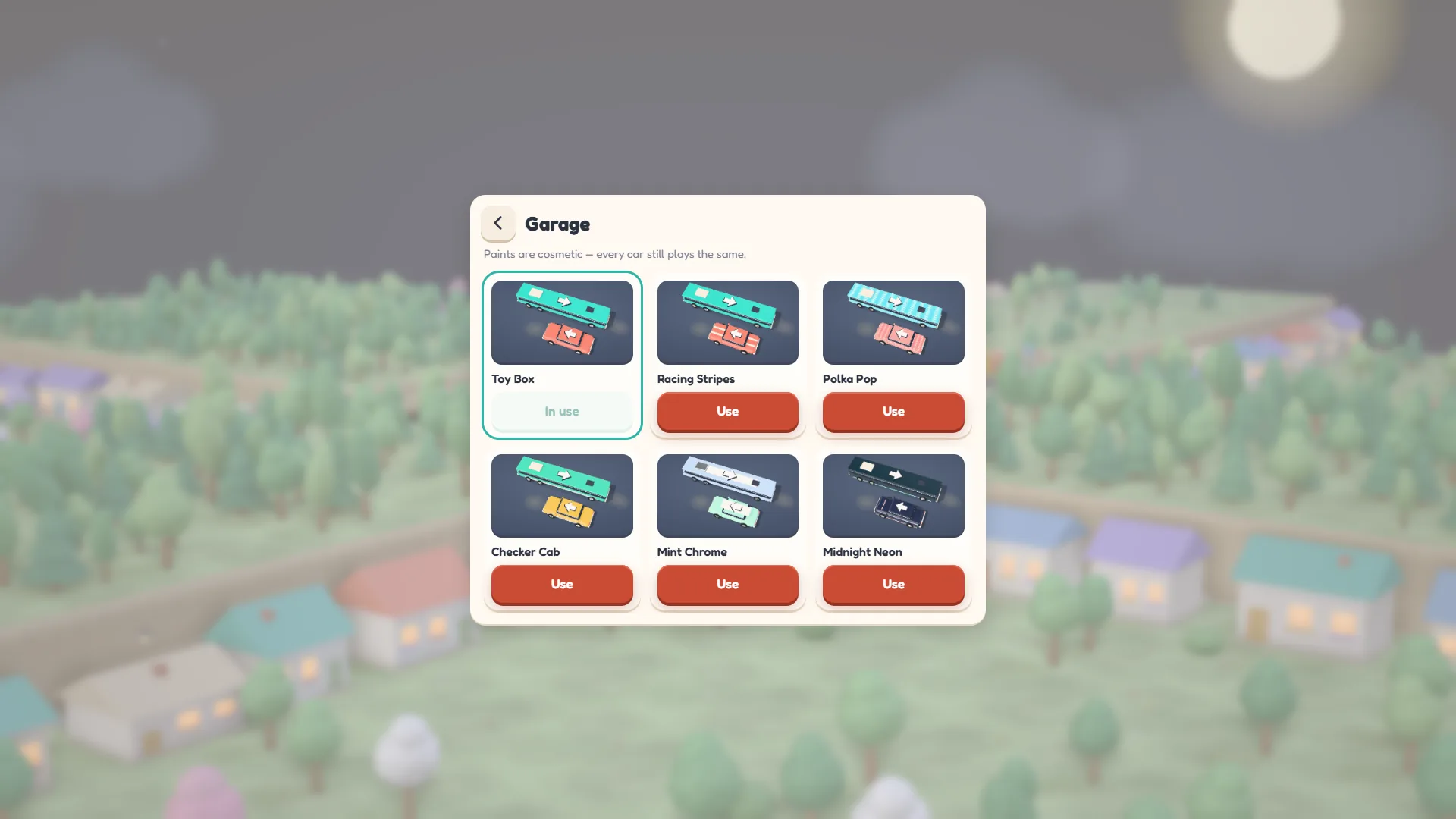 A tela da Garagem (Garage no jogo em inglês) com seis pinturas: Toy Box em uso, Racing Stripes, Polka Pop, Checker Cab, Mint Chrome e Midnight Neon, cada uma mostrada num ônibus e num carro