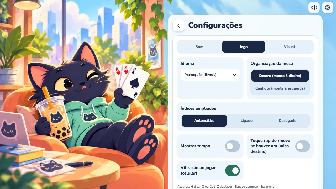 Aba Jogo das Configurações do Boba Club com idioma, organização da mesa destro ou canhoto, índices ampliados, mostrar tempo, toque rápido, vibração e a lista de atalhos