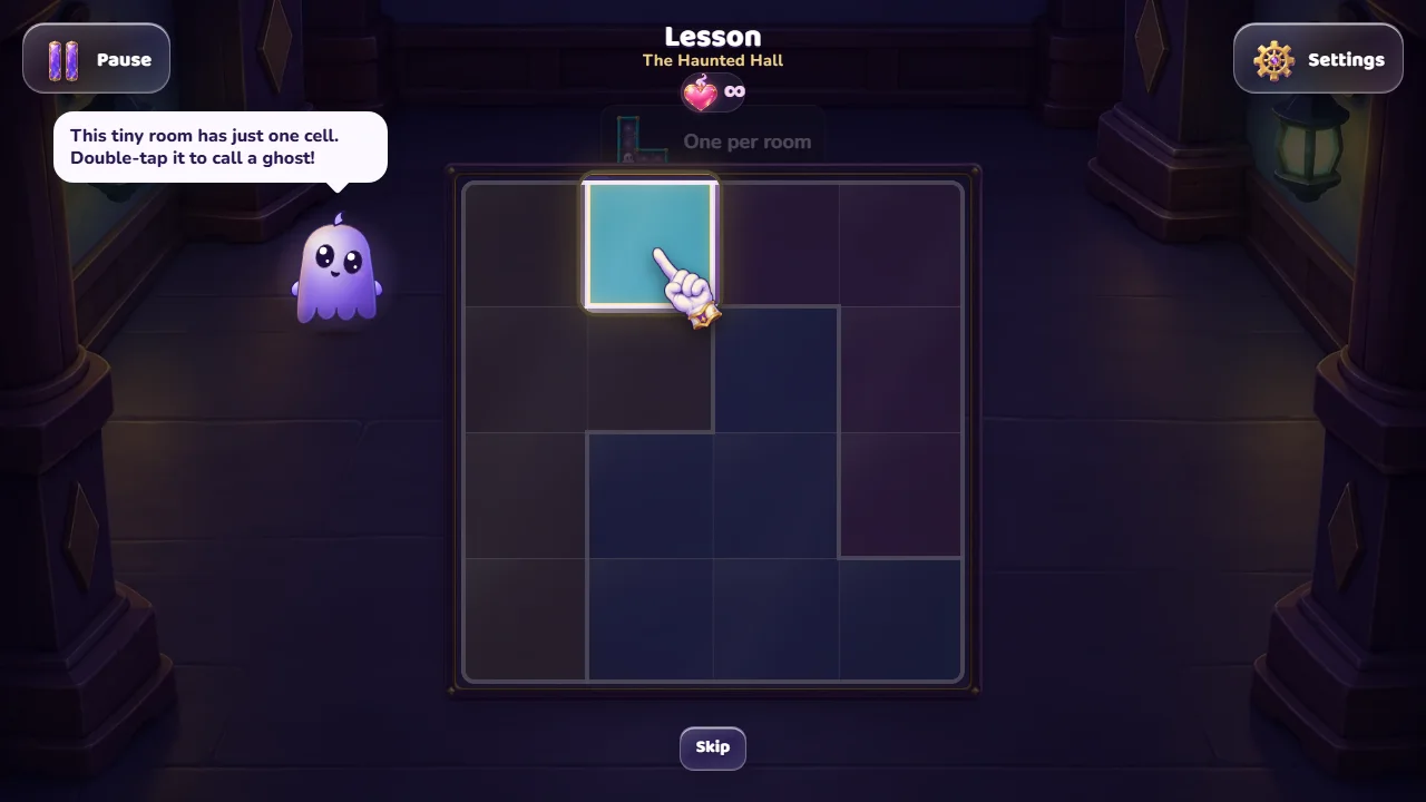 Lesson board: a one-cell teal room glows and a gloved hand points at it.