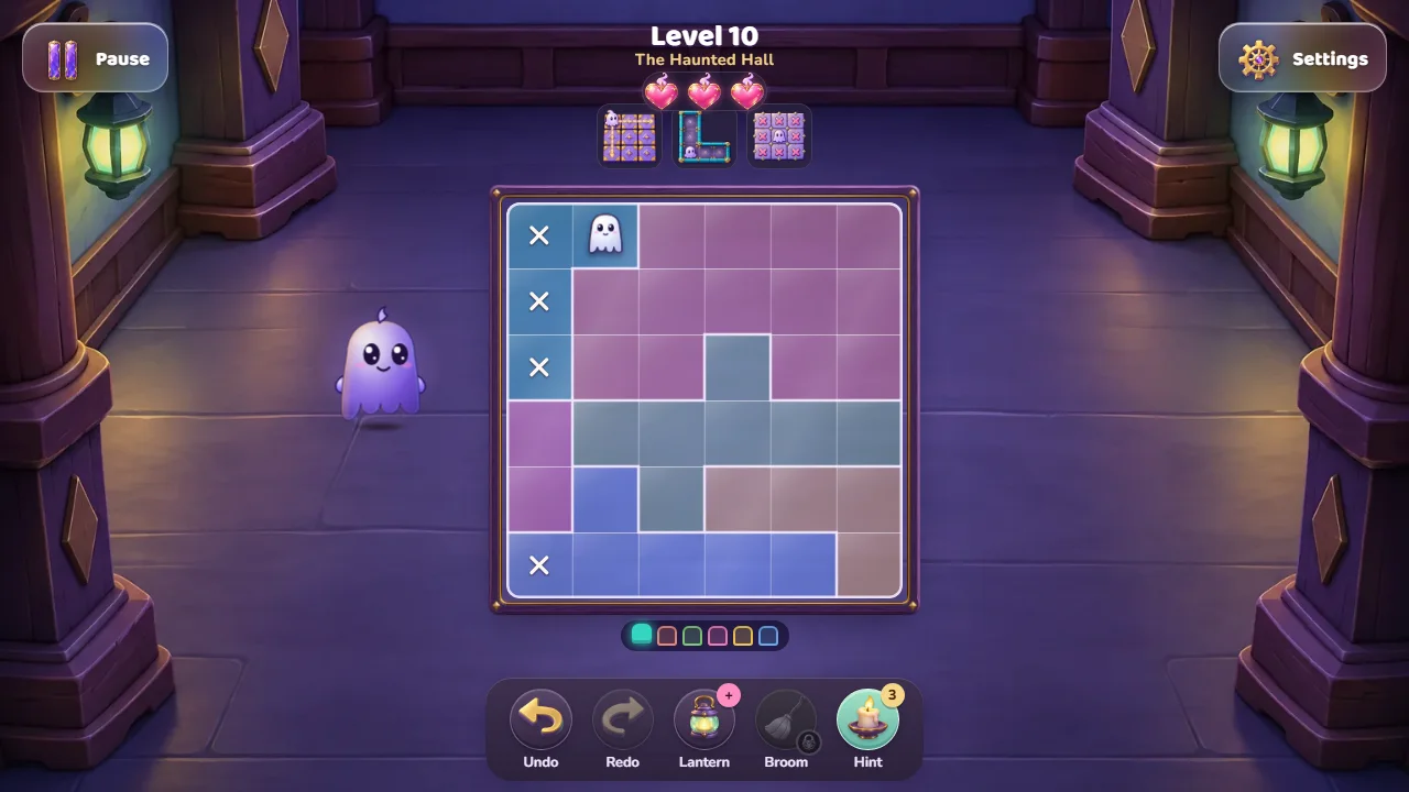 Level 10 on a 6×6 board: crosses down the left column and the first ghost placed at the top.