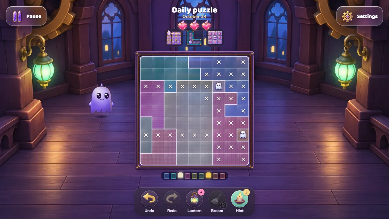 The 24 October daily on a 9×9 board: crosses along the lines of two ghosts placed in single-cell rooms.