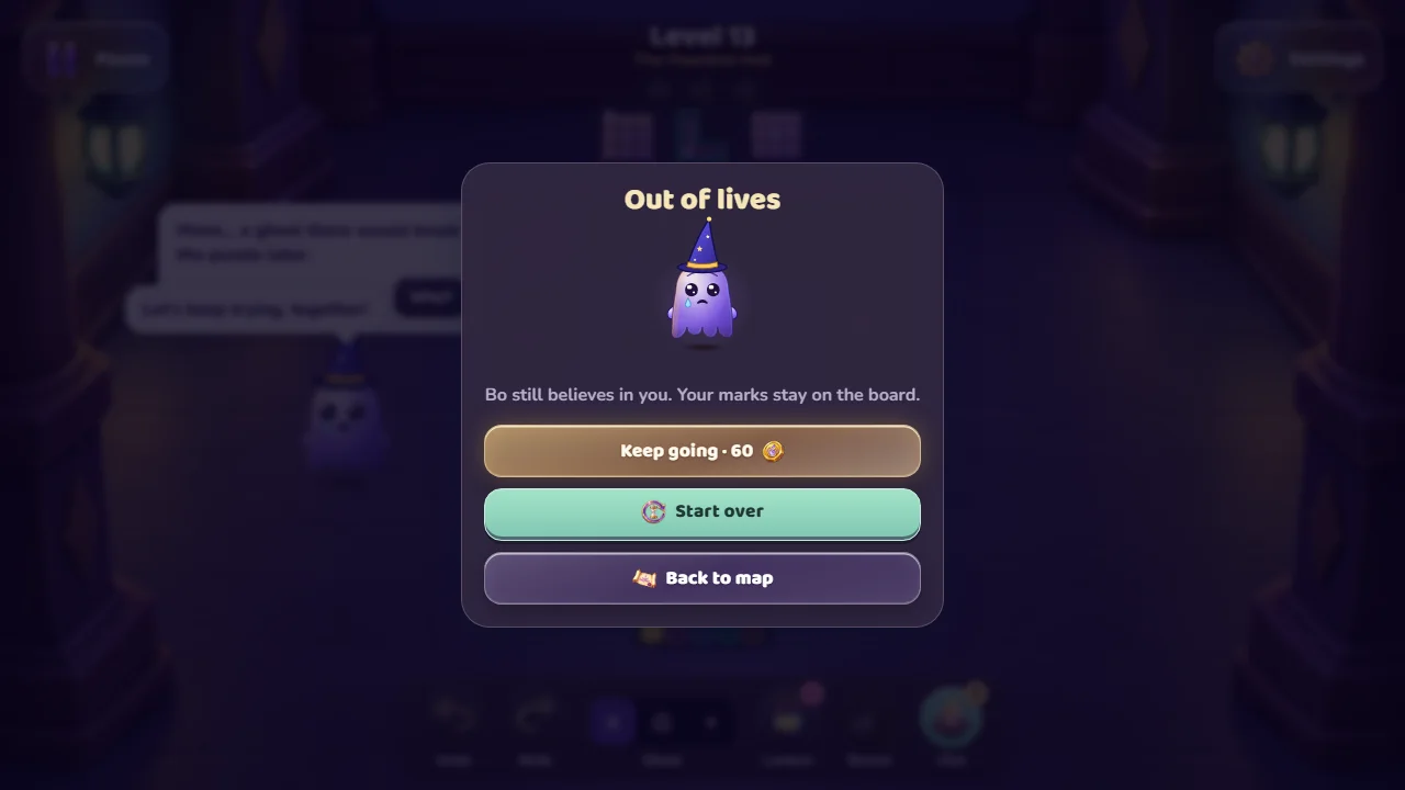 The Out of lives card on level 13: Bo in a wizard hat with a tear, and three buttons.