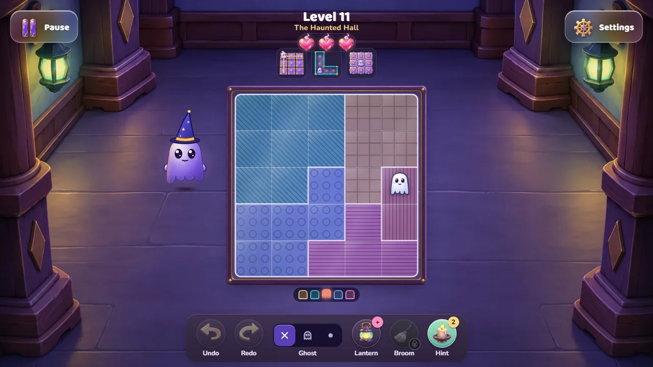 Level 11 on a 5×5 board with room patterns on: hatching, circles, grid and stripes.