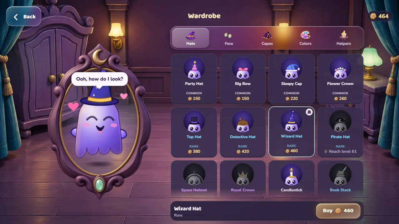 The Wardrobe: Bo in a mirror trying on a blue wizard hat, with a Buy button showing 460 coins.