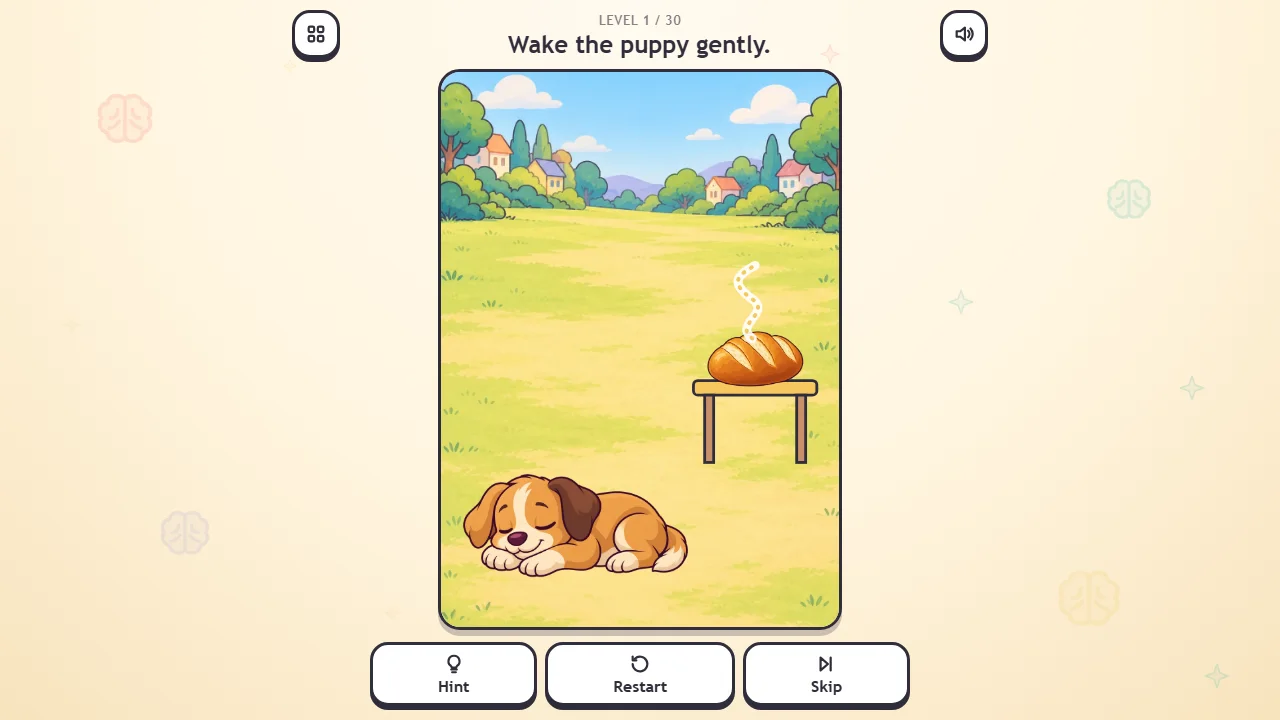Scene one: a puppy sleeps on a meadow, with a loaf of bread and a curl of smell on a small table on the right.