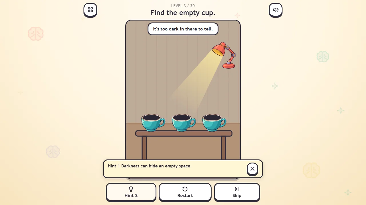 Scene three, Find the empty cup: three dark cups, a lamp, and a panel reading Hint 1 Darkness can hide an empty space; the button now says Hint 2.