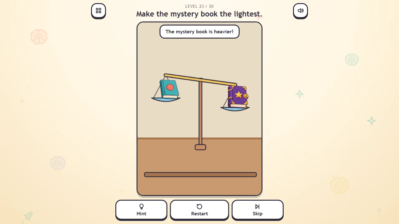 Scene twenty-three: a scale with a teal book on the left and a purple star book on the right, tilted down on the right, and a bubble saying the mystery book is heavier.