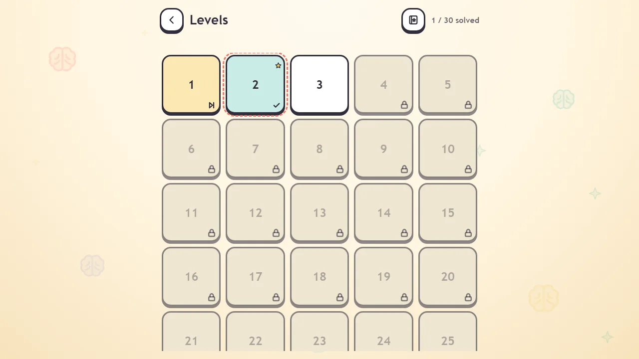 The Levels screen: tile 1 yellow with a skip arrow, tile 2 teal with a check mark and a star, tile 3 open, the rest grey with padlocks.