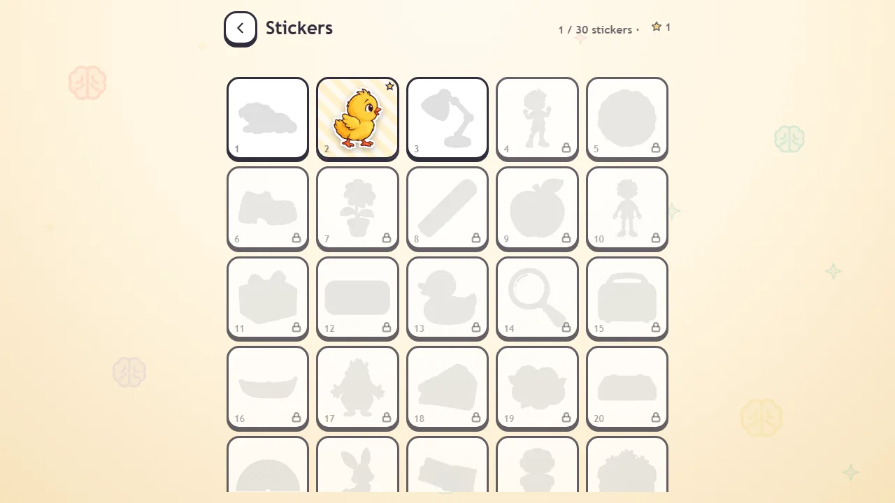 The Stickers screen in a fresh run: 1 / 30 stickers with one star, one colour chick sticker with a star, and grey silhouettes for the other slots.