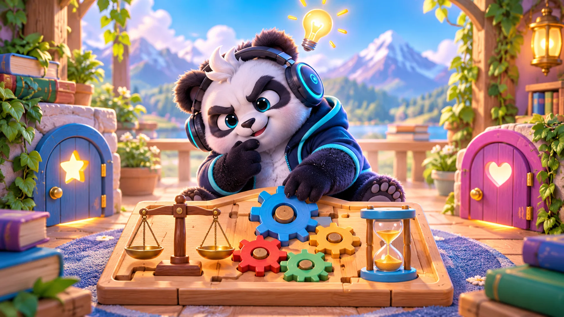 Polarzinho deep in thought over a wooden board with colorful gears, a balance scale and an hourglass, between two little doors and a lit bulb