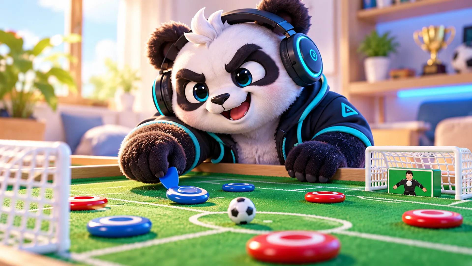 Polarzinho flicks a blue button piece with a pick on a green felt table with red and blue pieces, a ball, toy goals and a card goalkeeper.