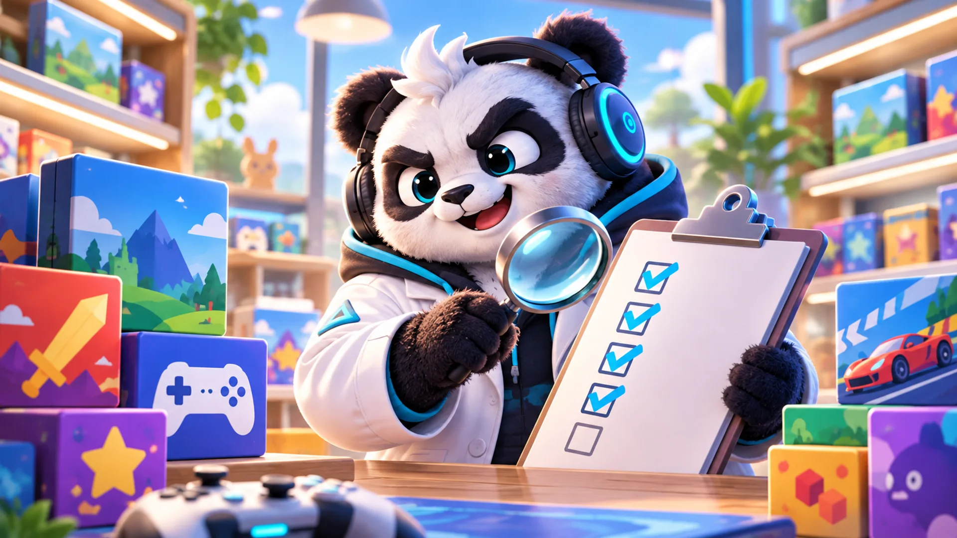Polarzinho the panda, in a white lab coat, checks a clipboard checklist with a magnifying glass in a shop with shelves of colorful game boxes.