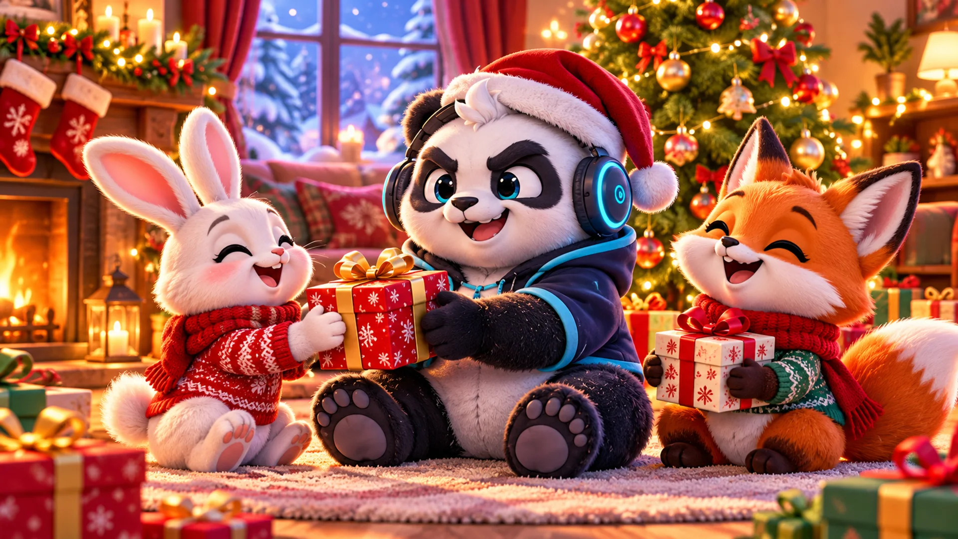 Polarzinho con gorro navideño intercambiando regalos con una coneja y un zorro frente a un árbol adornado y una chimenea