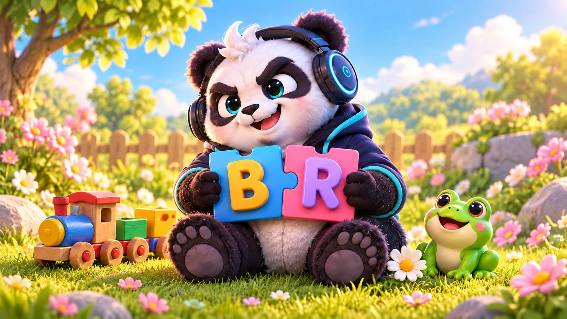 Polarzinho holding two joined puzzle pieces with the letters B and R, in a garden with a toy train and a little frog