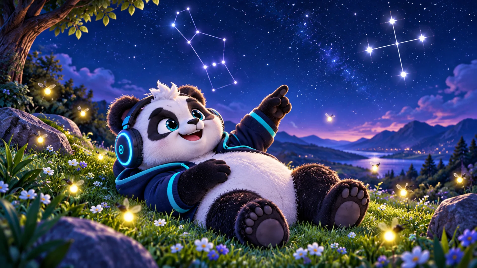 Polarzinho lying on the grass at night pointing at the sky, where glowing lines join stars into a cross and a hunter, with fireflies nearby