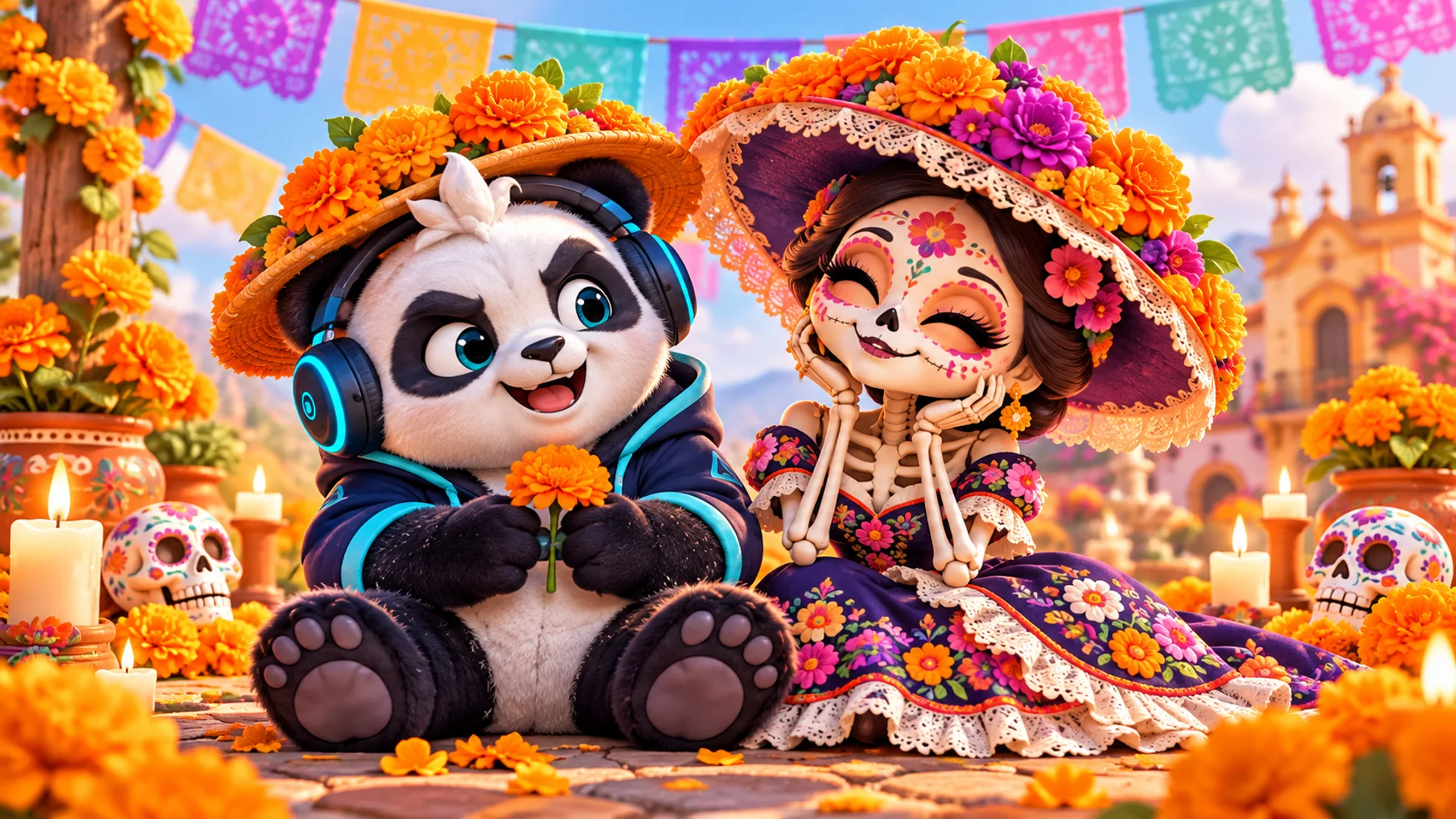 Polarzinho in a hat of cempasúchil marigolds next to a smiling Catrina, with papel picado, candles and decorated sugar skulls