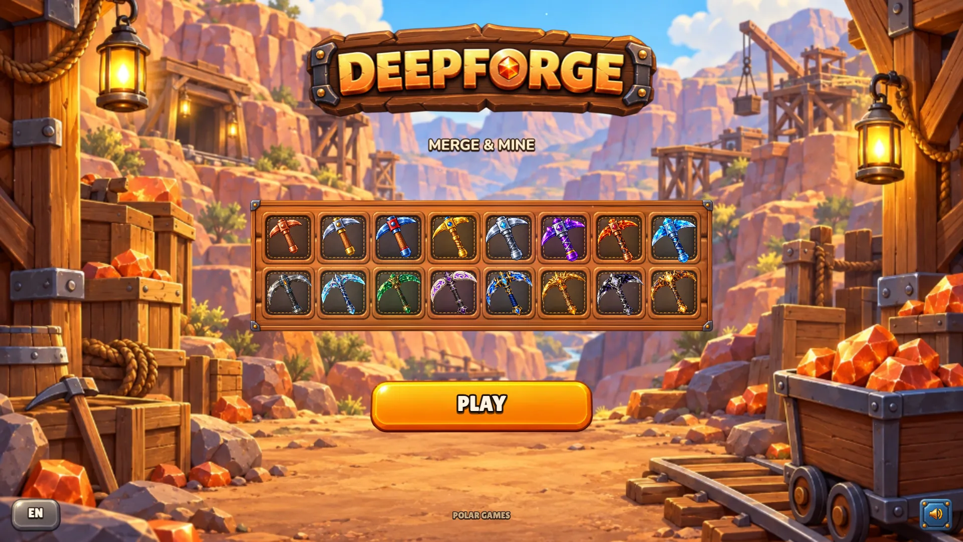 Pantalla de inicio de Deepforge con el logo, las palabras Merge and Mine, una fila de dieciséis picos y un botón PLAY grande frente a una mina de cañón soleado