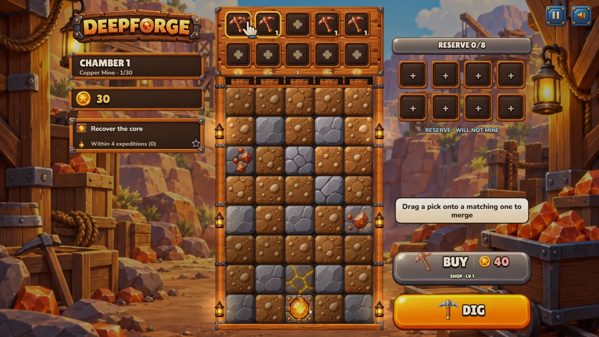 Cámara 1 de Deepforge en la mina de cobre: cuatro picos de cobre en el banco, una mina de tierra y piedra, 30 monedas, los botones BUY 40 y DIG y un globo que pide arrastrar un pico sobre otro igual