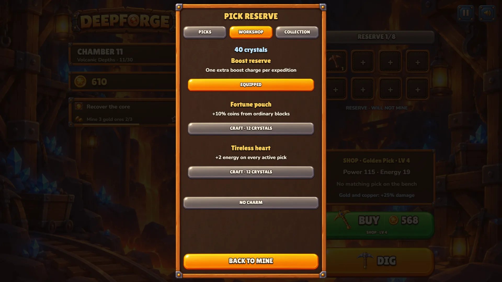 La pestaña Workshop con 40 cristales restantes: Boost reserve muestra EQUIPPED, Fortune pouch y Tireless heart muestran CRAFT 12 CRYSTALS y un botón NO CHARM aparece debajo