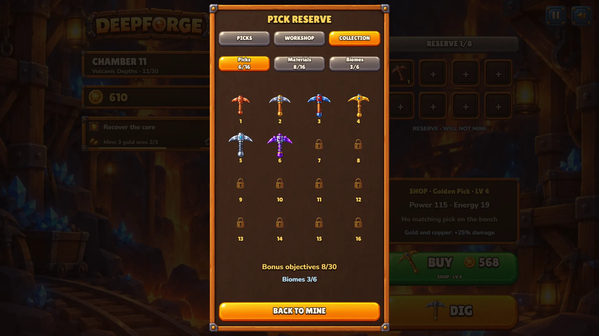 La pestaña Collection con seis de dieciséis picos desbloqueados y candados sobre los picos del 7 al 16, más Bonus objectives 8/30 y Biomes 3/6