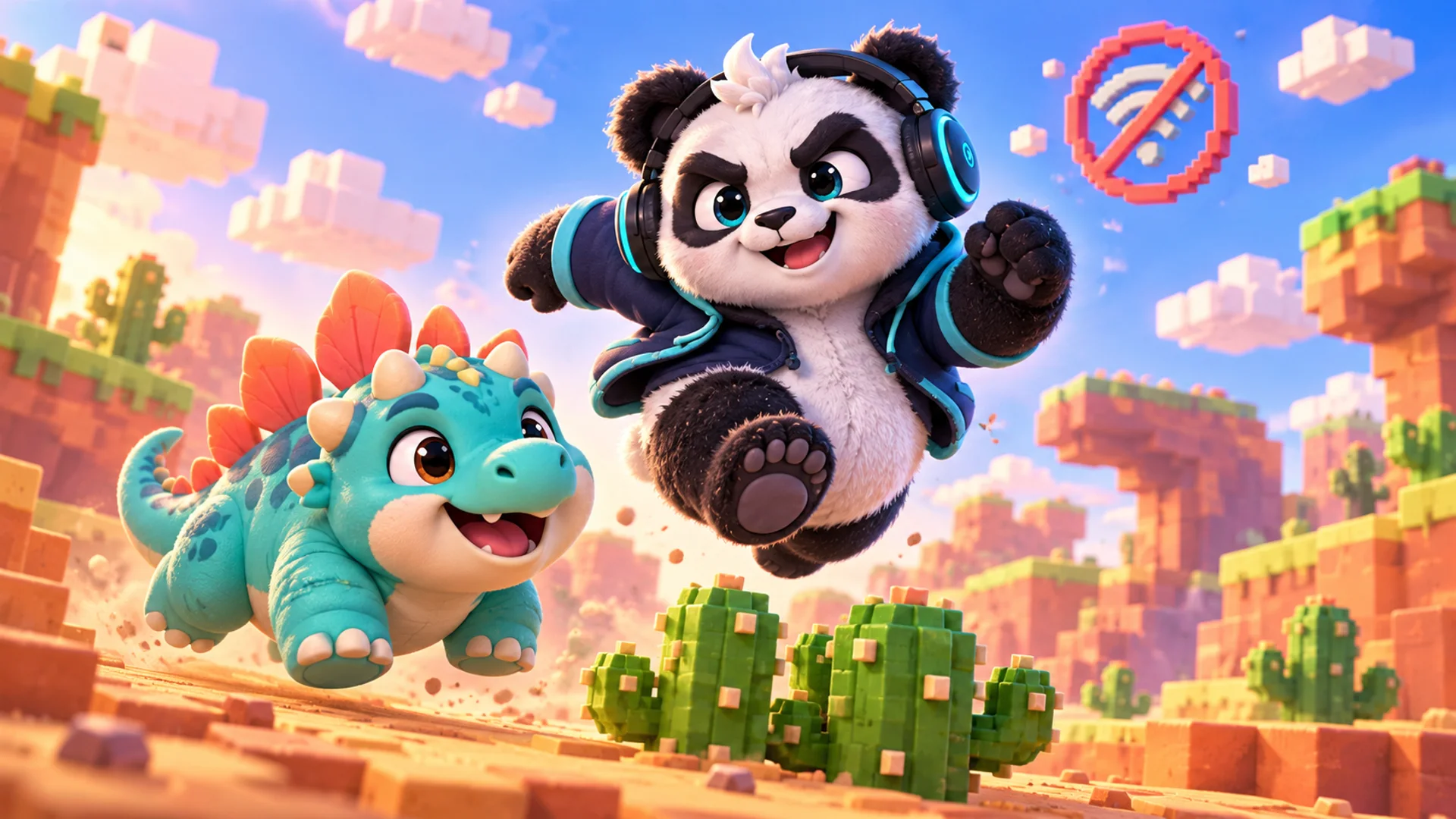 Polarzinho jumping over cacti in a blocky desert next to a cute dinosaur, with a no-internet icon in the sky