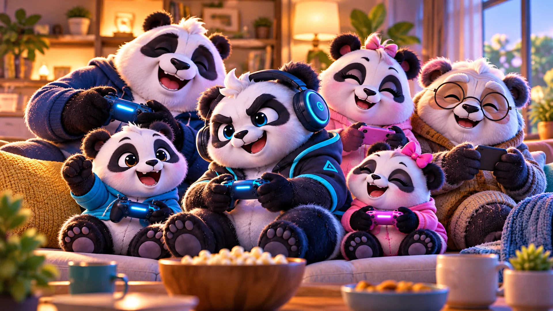 Polarzinho on the couch with a family of pandas of all ages, all holding controllers and laughing together in a cozy living room