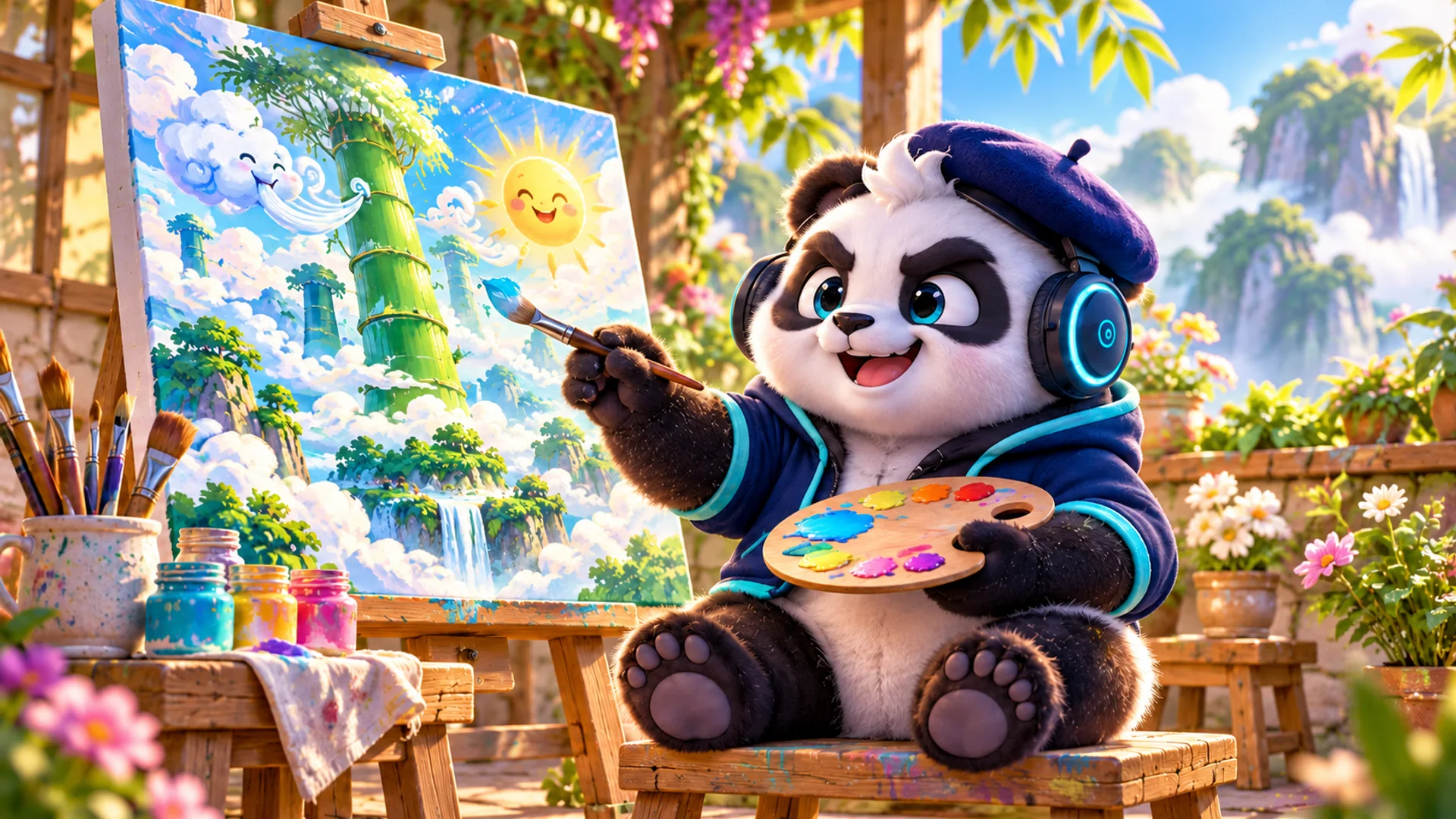Polarzinho de boina pintando num cavalete um bambu gigante que atravessa as nuvens, um sol sorridente e uma nuvem com rostinho
