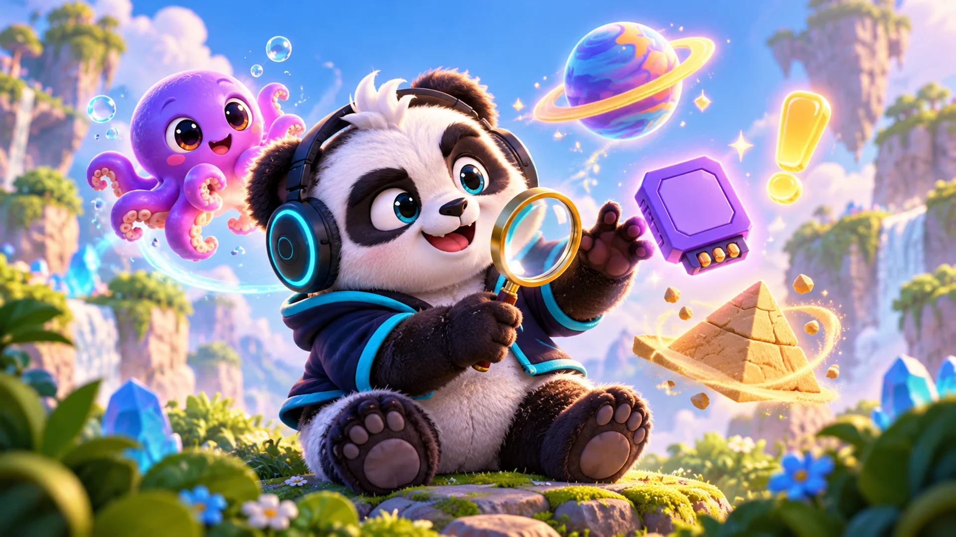 Polarzinho holding a magnifying glass, surrounded by floating fun facts: a purple octopus, a ringed planet, a chip, a pyramid and an exclamation mark