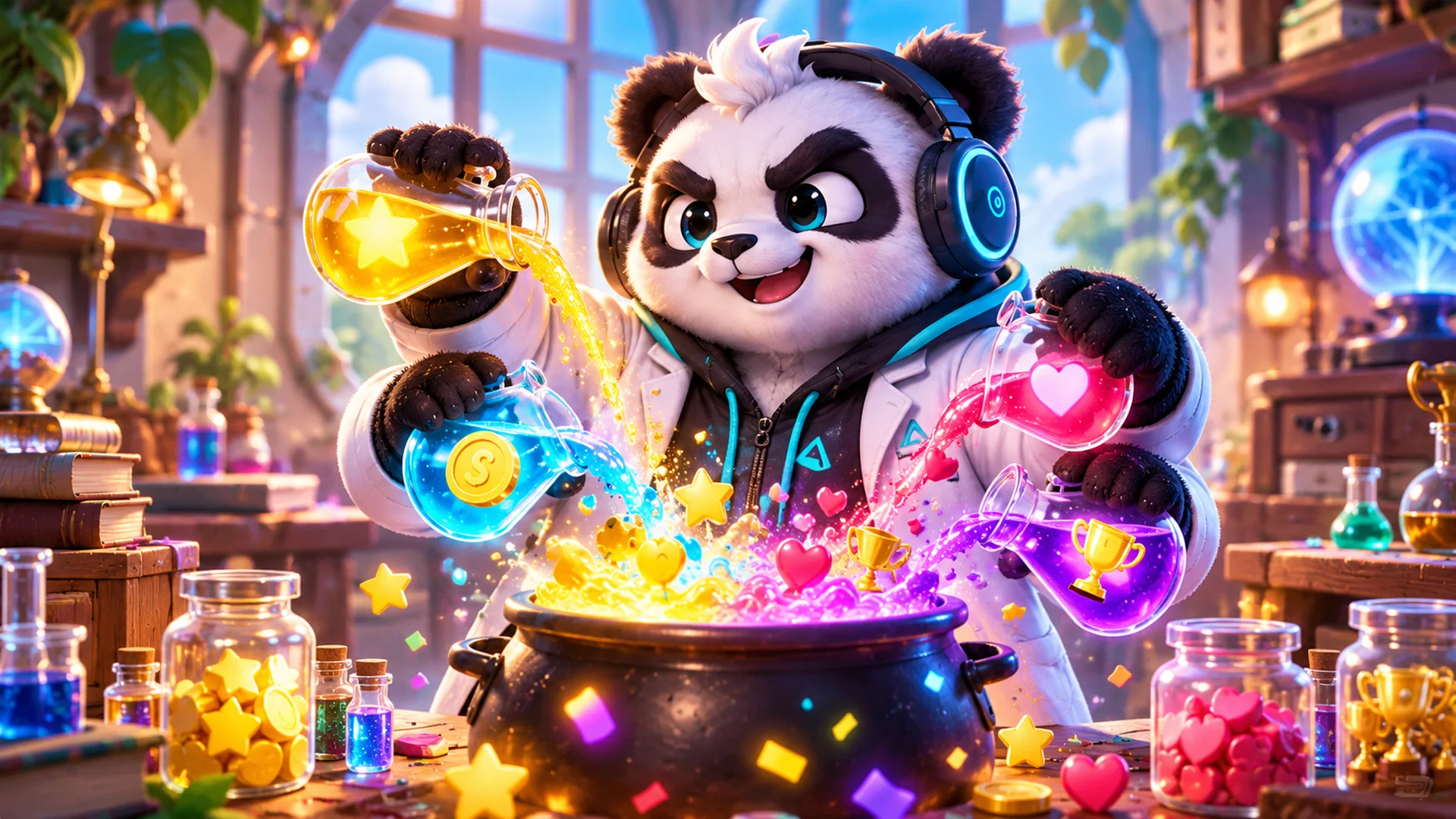 Polarzinho as a scientist, pouring flasks with a star, a coin and a heart into a cauldron bursting with confetti