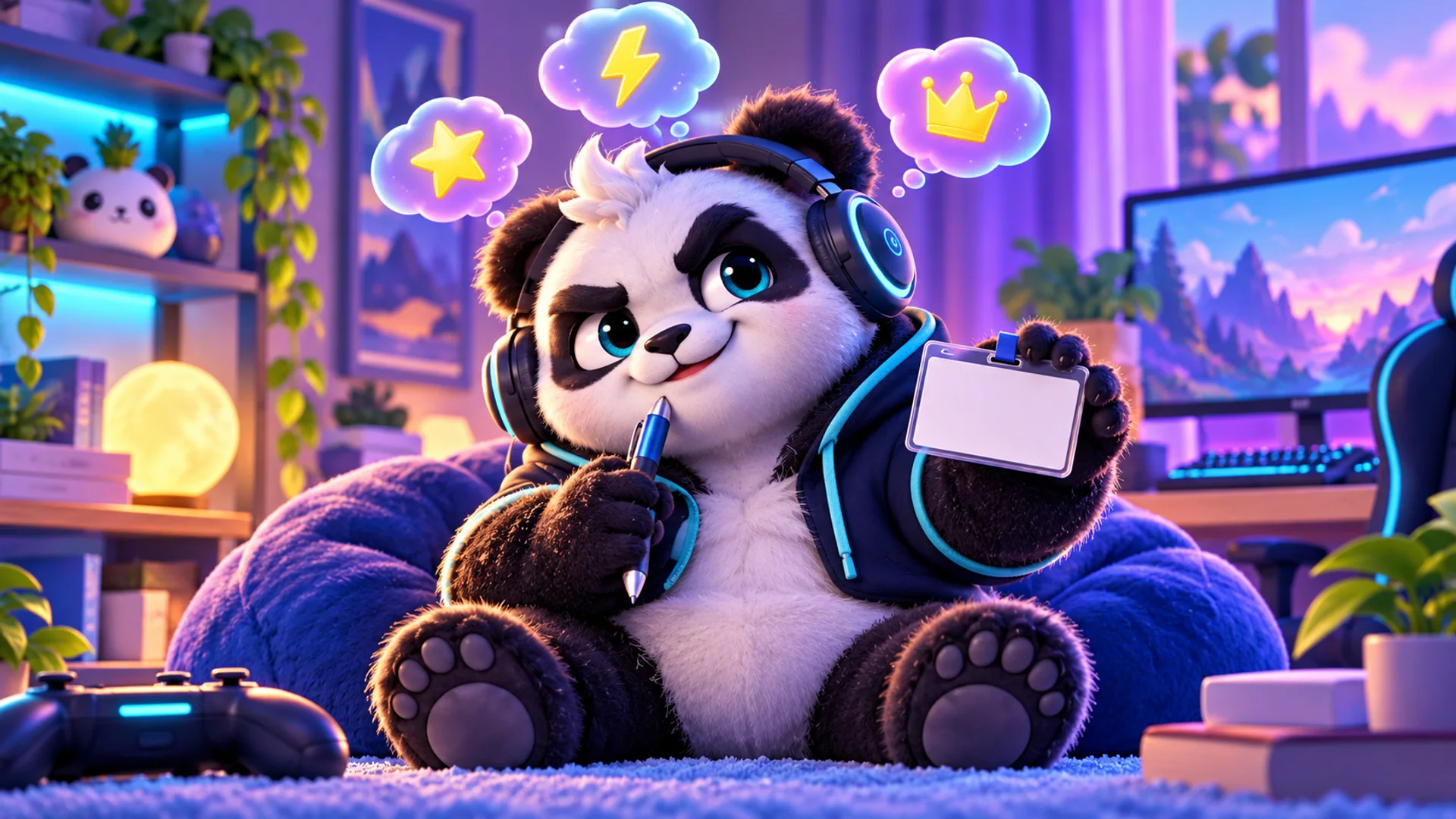 Polarzinho on a beanbag holding a blank name badge and a pen, thinking up names in bubbles with a star, a lightning bolt and a crown