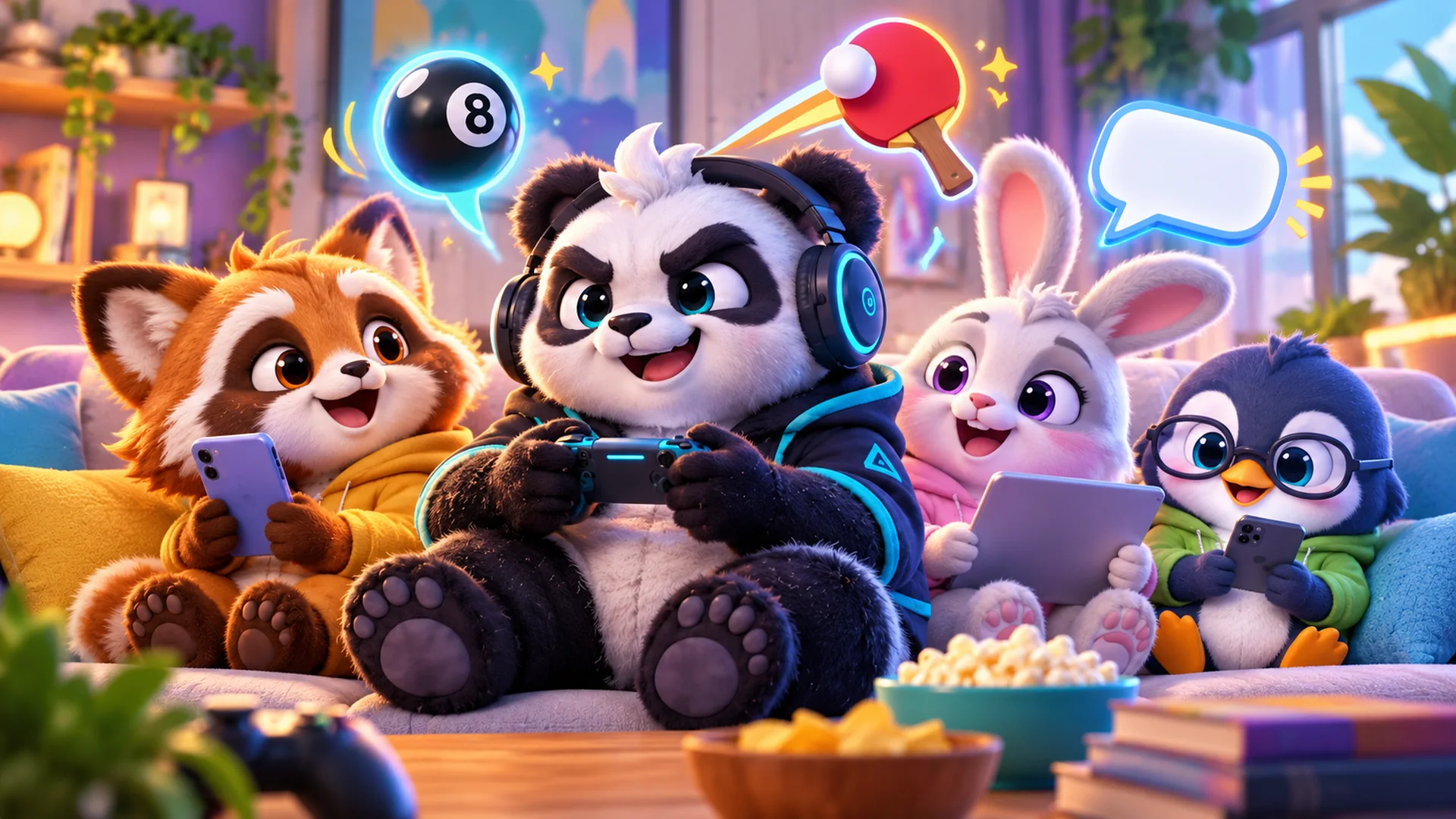 Polarzinho en un sofá con un panda rojo, una coneja y un pingüino, todos jugando en celulares y una tableta